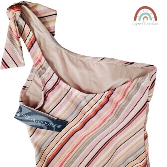 New! Aqua Couture One Shoulder Boho Stripes Tie Knot Bow One Piece Swimsuit - Picture 5 of 12